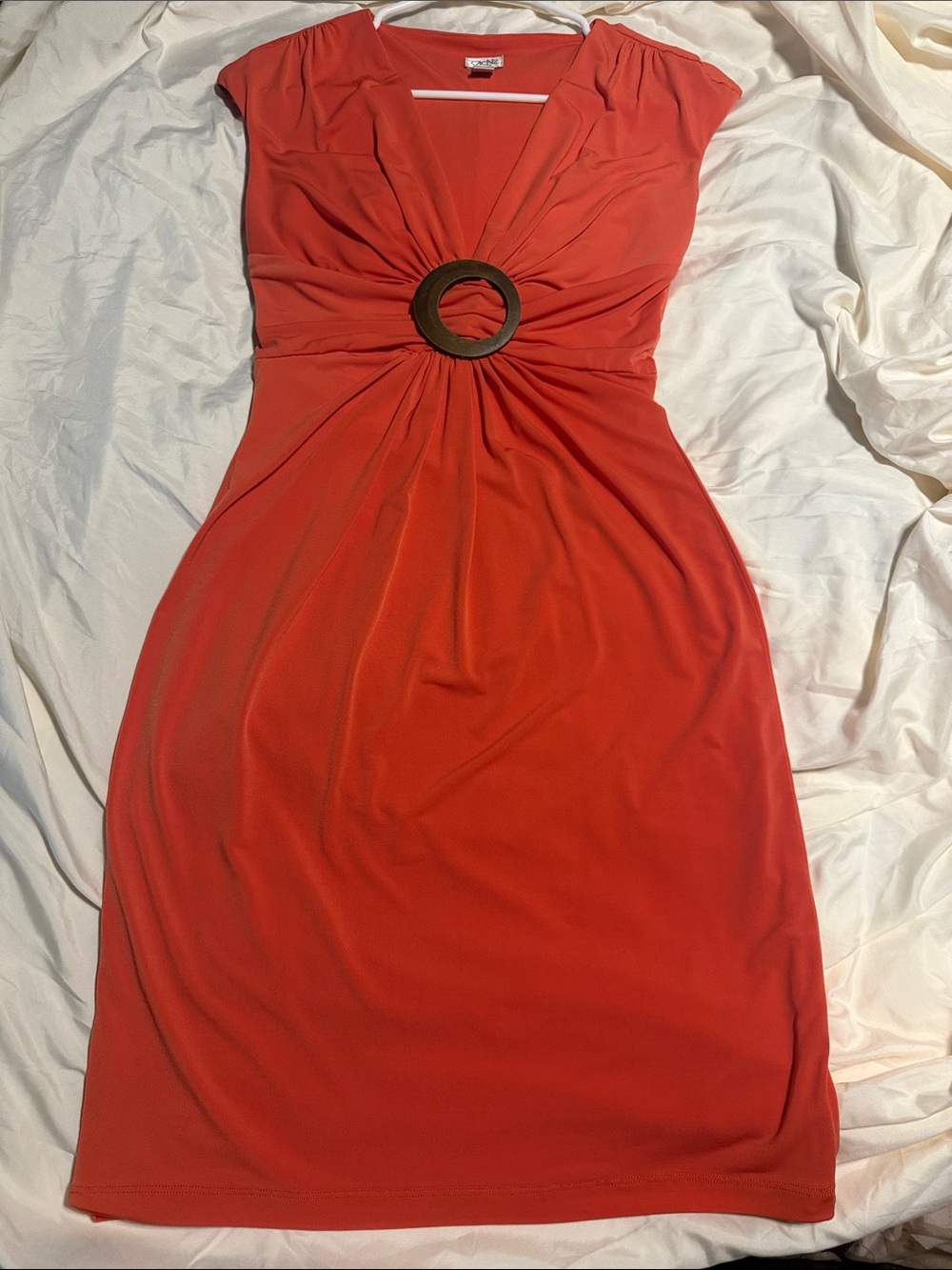Cache Orange-Red Twist Front Midi Dress with Ring Detail